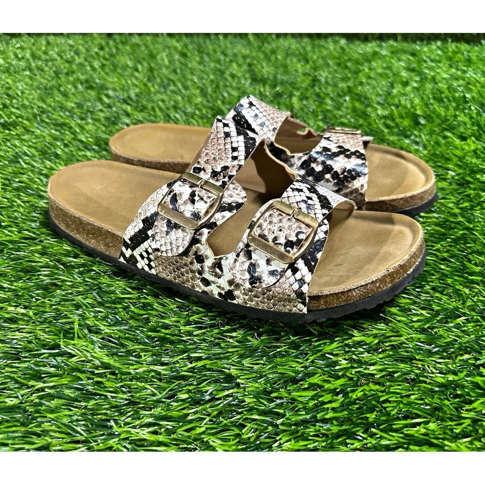 Yoki Women's Snake Print Double Buckle Adjustable Slide Sandals Polyester 8